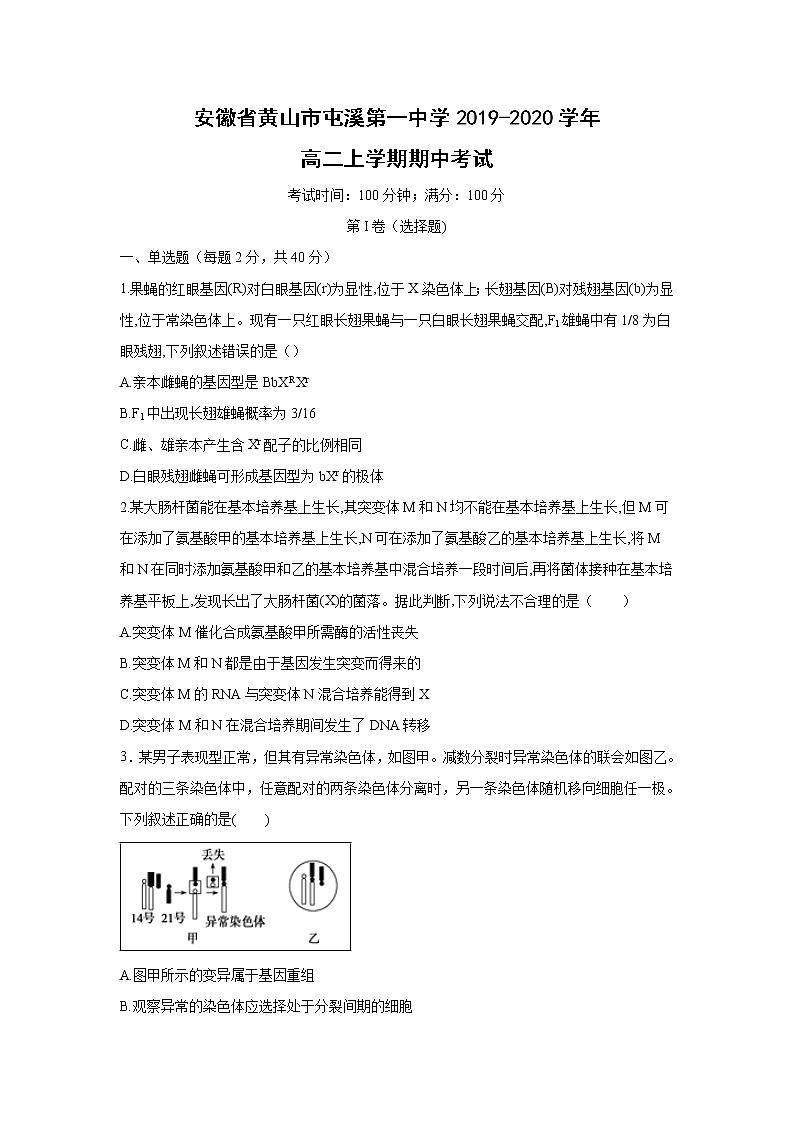 【生物】安徽省黄山市屯溪第一中学2019-2020学年高二上学期期中考试试题01