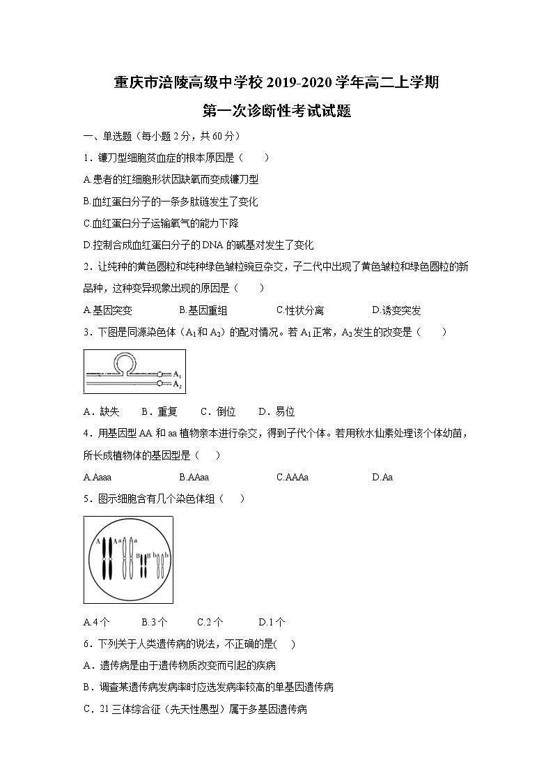 【生物】重庆市涪陵高级中学校2019-2020学年高二上学期第一次诊断性考试试题第1页