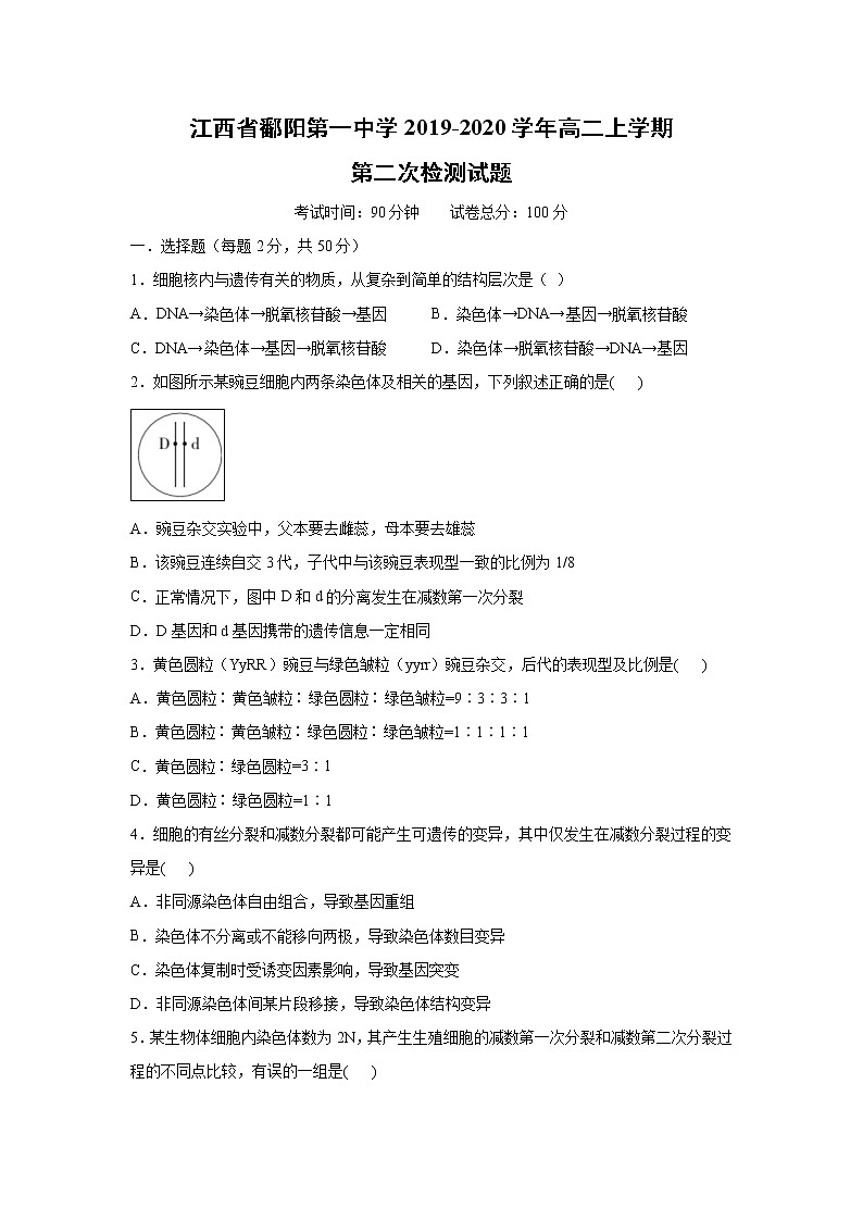 【生物】江西省鄱阳第一中学2019-2020学年高二上学期第二次检测试题第1页