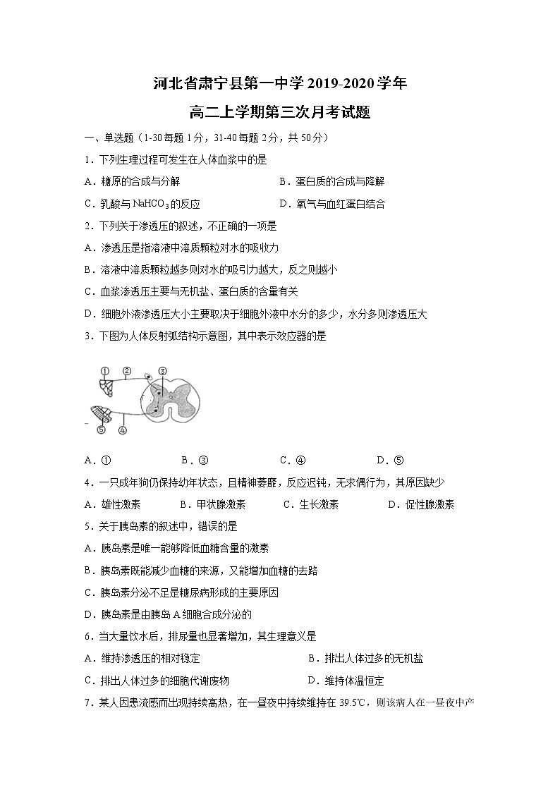 【生物】河北省肃宁县第一中学2019-2020学年高二上学期第三次月考试题01