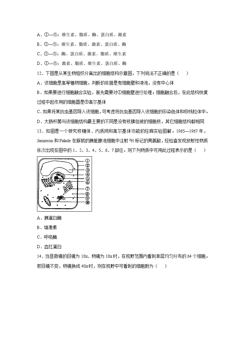 【生物】甘肃省武威第一中学2019-2020学年高二10月阶段性考试试题03