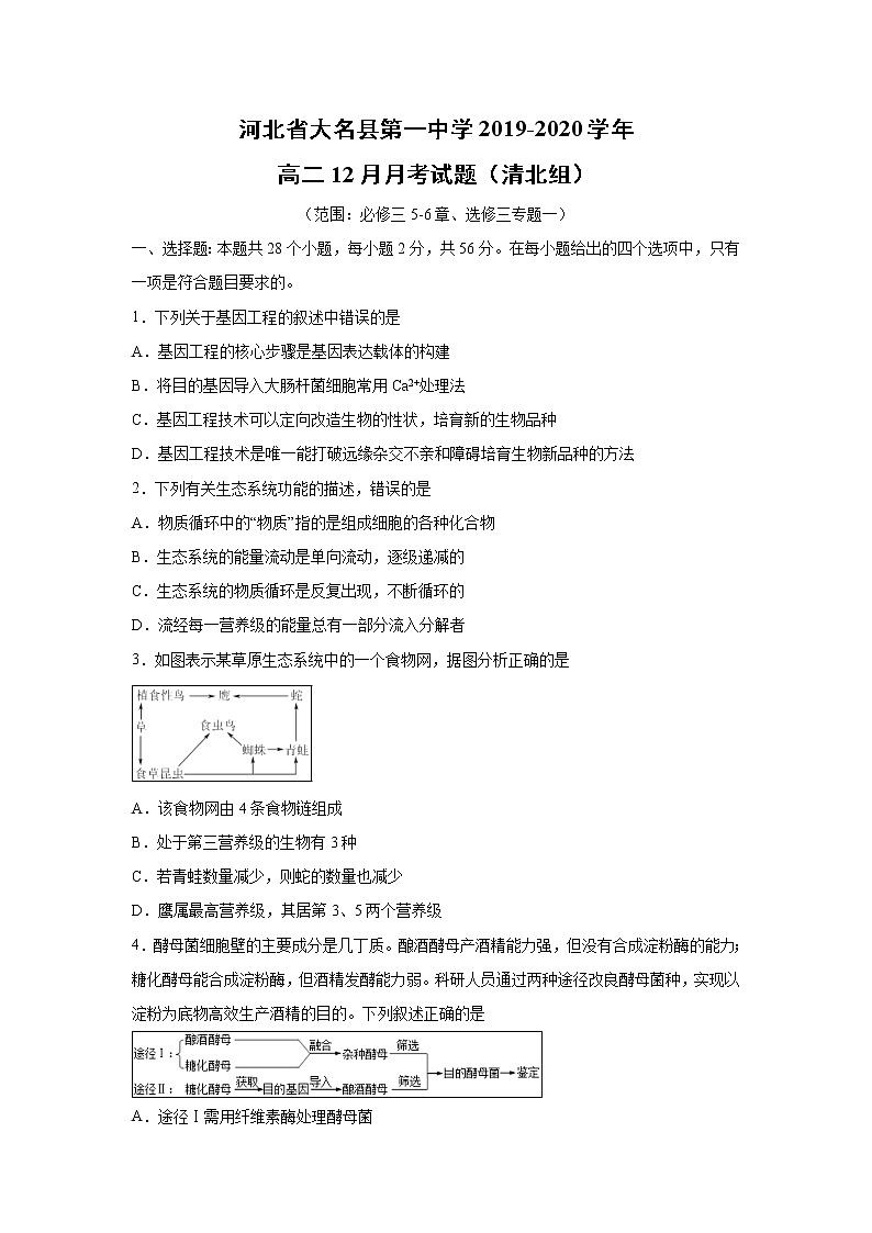 【生物】河北省大名县第一中学2019-2020学年高二12月月考试题(清北组)01