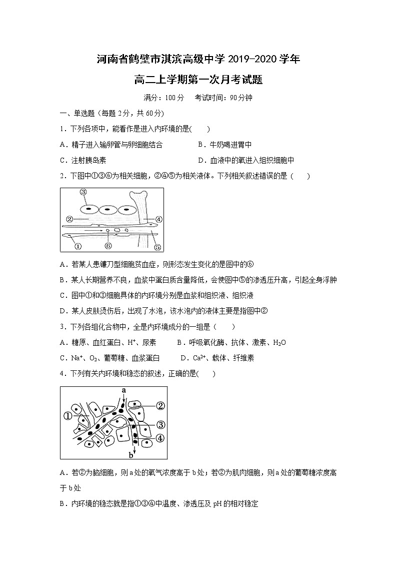 【生物】河南省鹤壁市淇滨高级中学2019-2020学年高二上学期第一次月考试题01