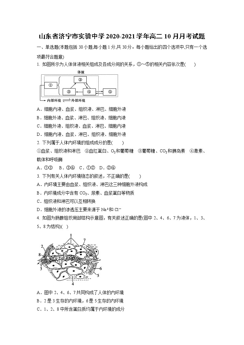 【生物】山东省济宁市实验中学2020-2021学年高二10月月考试题01