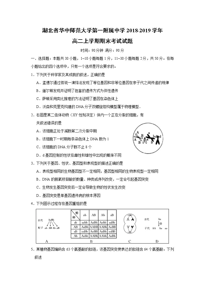 【生物】湖北省華中師范大學(xué)第一附屬中學(xué)2018-2019學(xué)年高二上學(xué)期期末考試試題第1頁(yè)