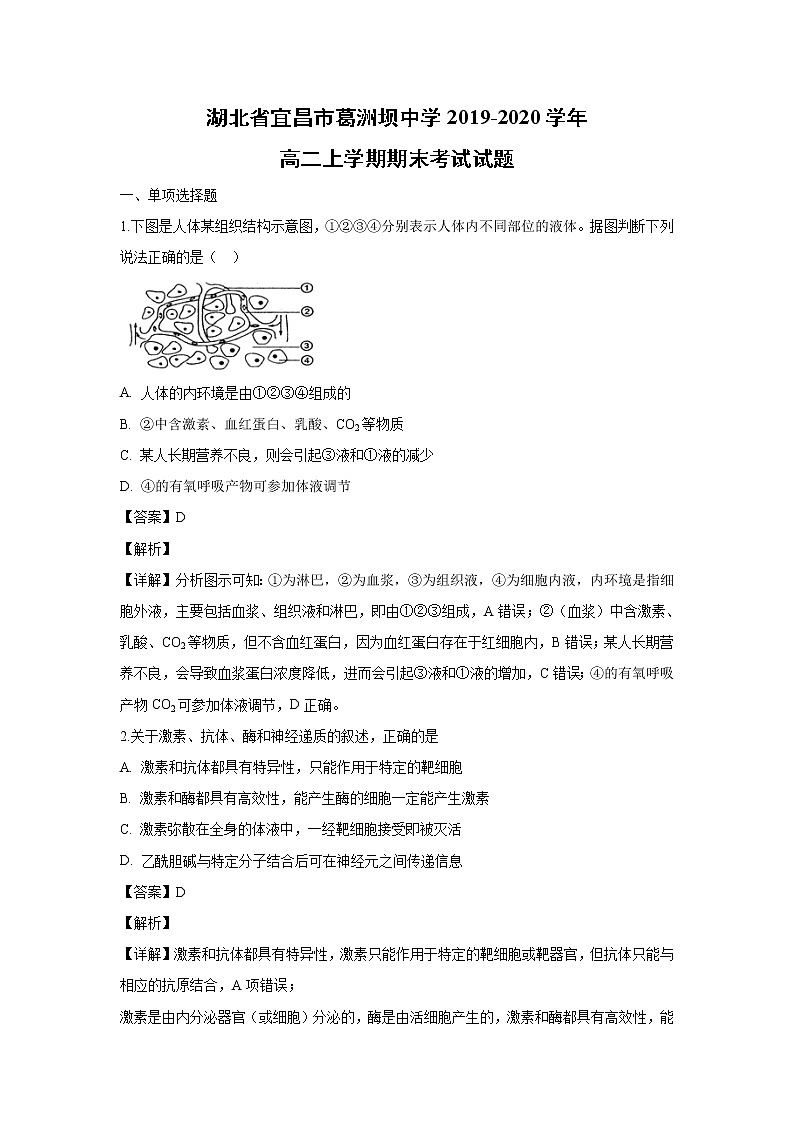 【生物】湖北省宜昌市葛洲坝中学2019-2020学年高二上学期期末考试试题(解析版)01
