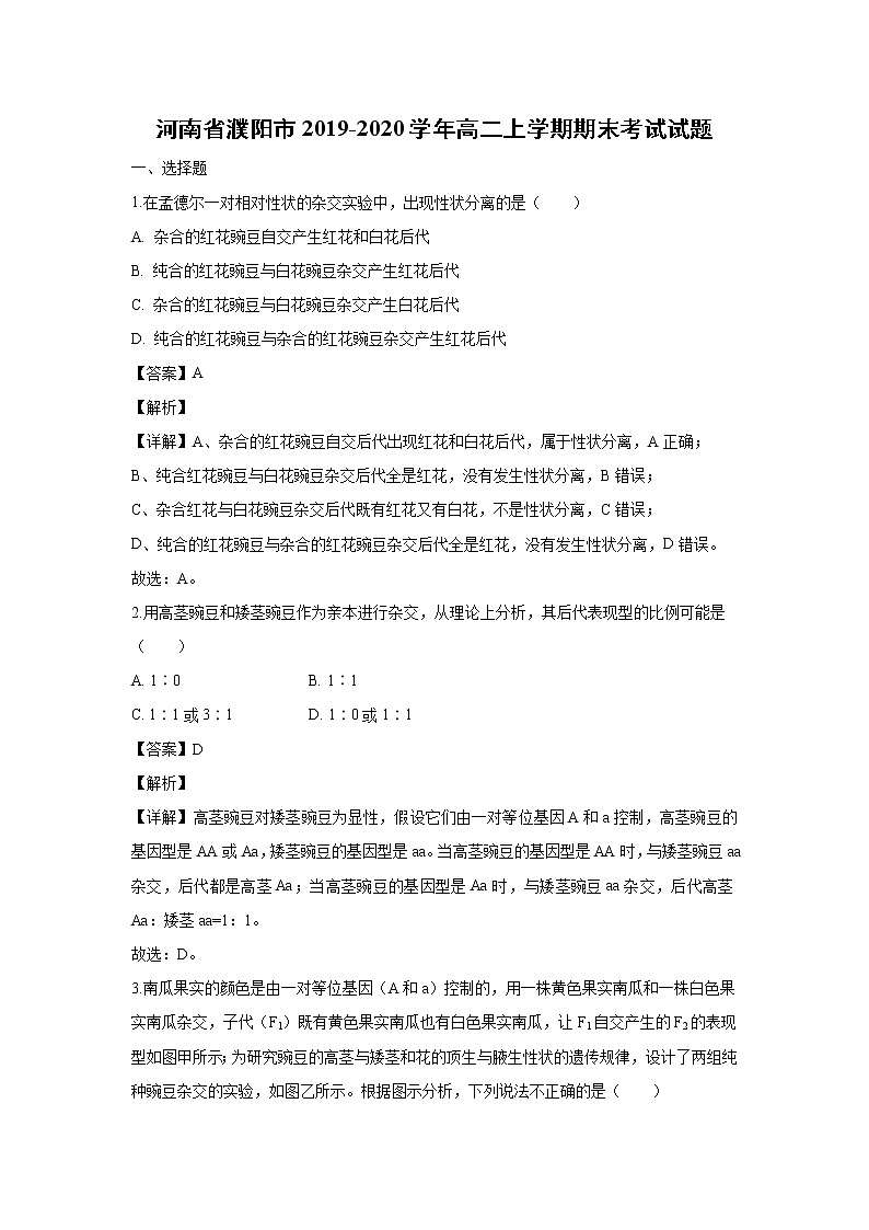 【生物】河南省濮阳市2019-2020学年高二上学期期末考试试题(解析版)01