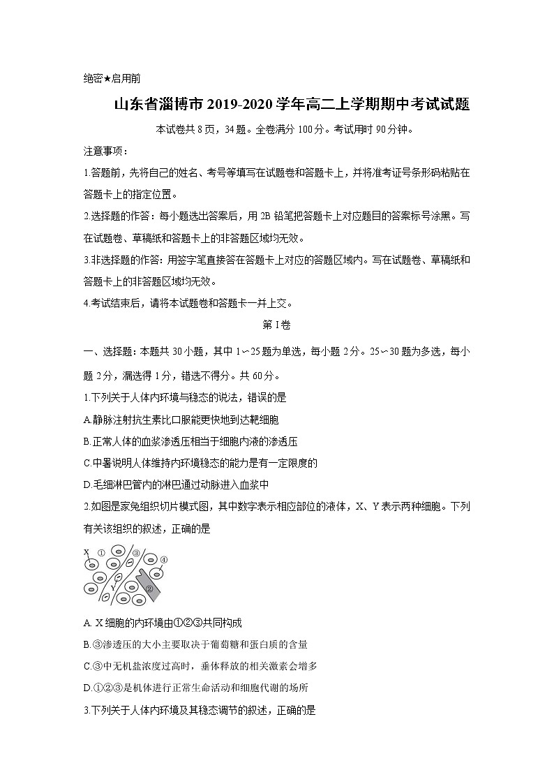 【生物】山东省淄博市2019-2020学年高二上学期期中考试试题01