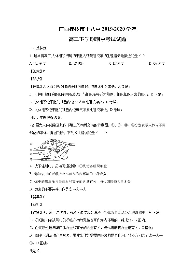 【生物】广西桂林市十八中2019-2020学年高二下学期期中考试试题(解析版)01