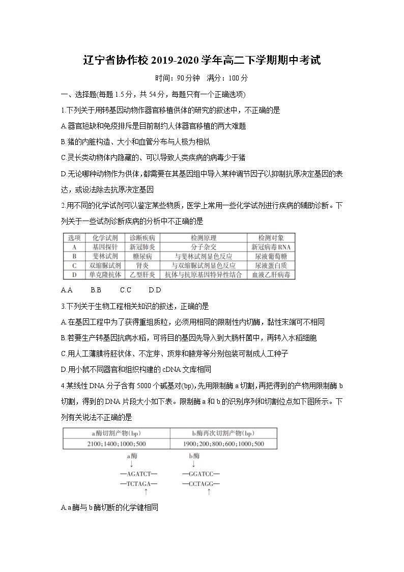【生物】辽宁省协作校2019-2020学年高二下学期期中考试01