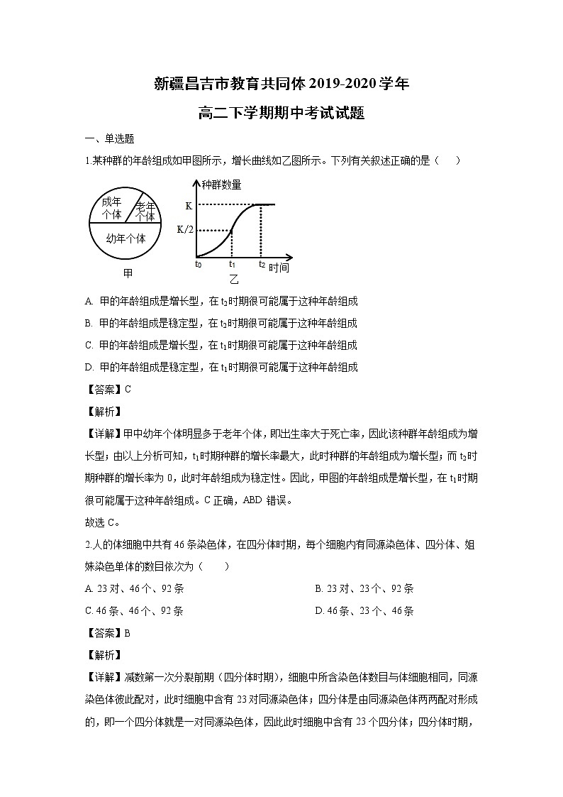 【生物】新疆昌吉市教育共同体2019-2020学年高二下学期期中考试试题(解析版)第1页