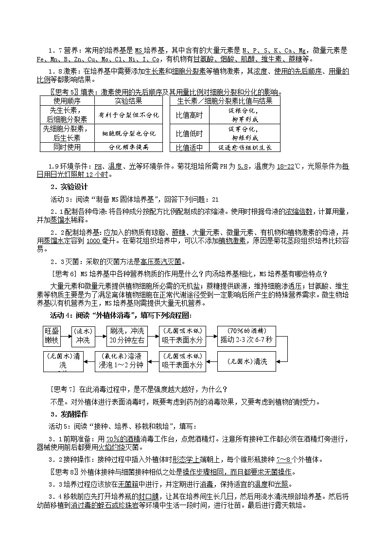 高中生物 3.1菊花的组织培养教案 新人教版选修102