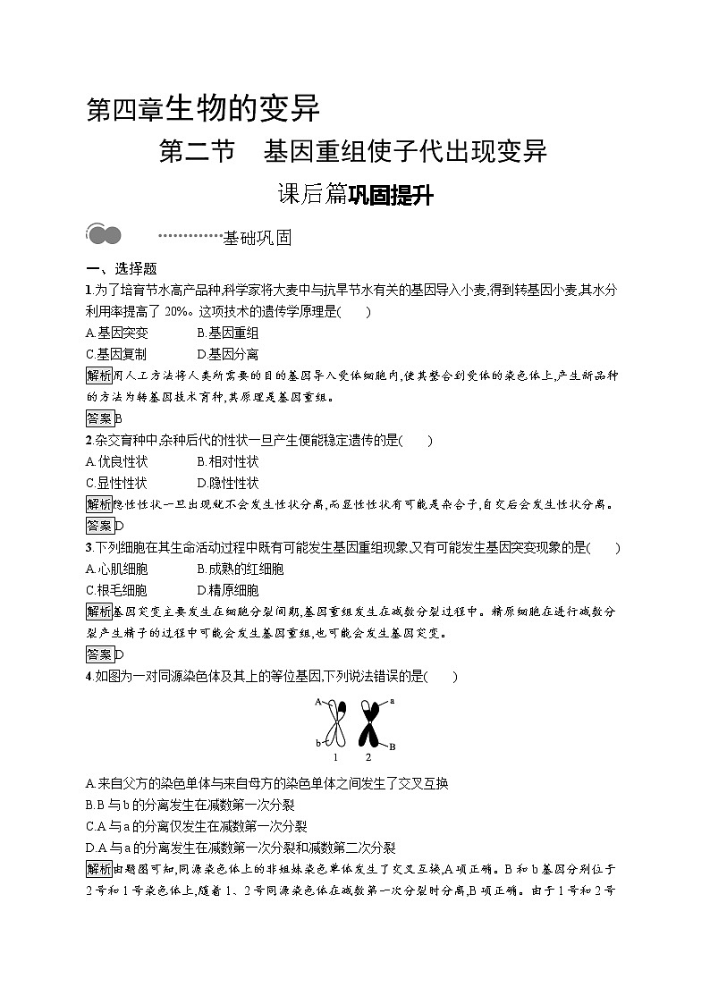 浙科版高中生物必修二同步练习:基因重组使子代出现变异教师+学生版01