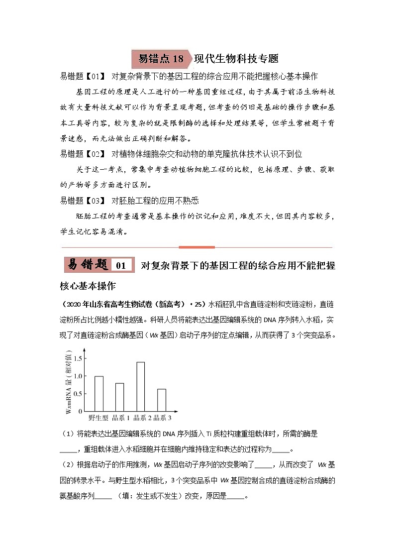 备战2021年高考生物一轮复习 易错点18 现代生物技术专题01