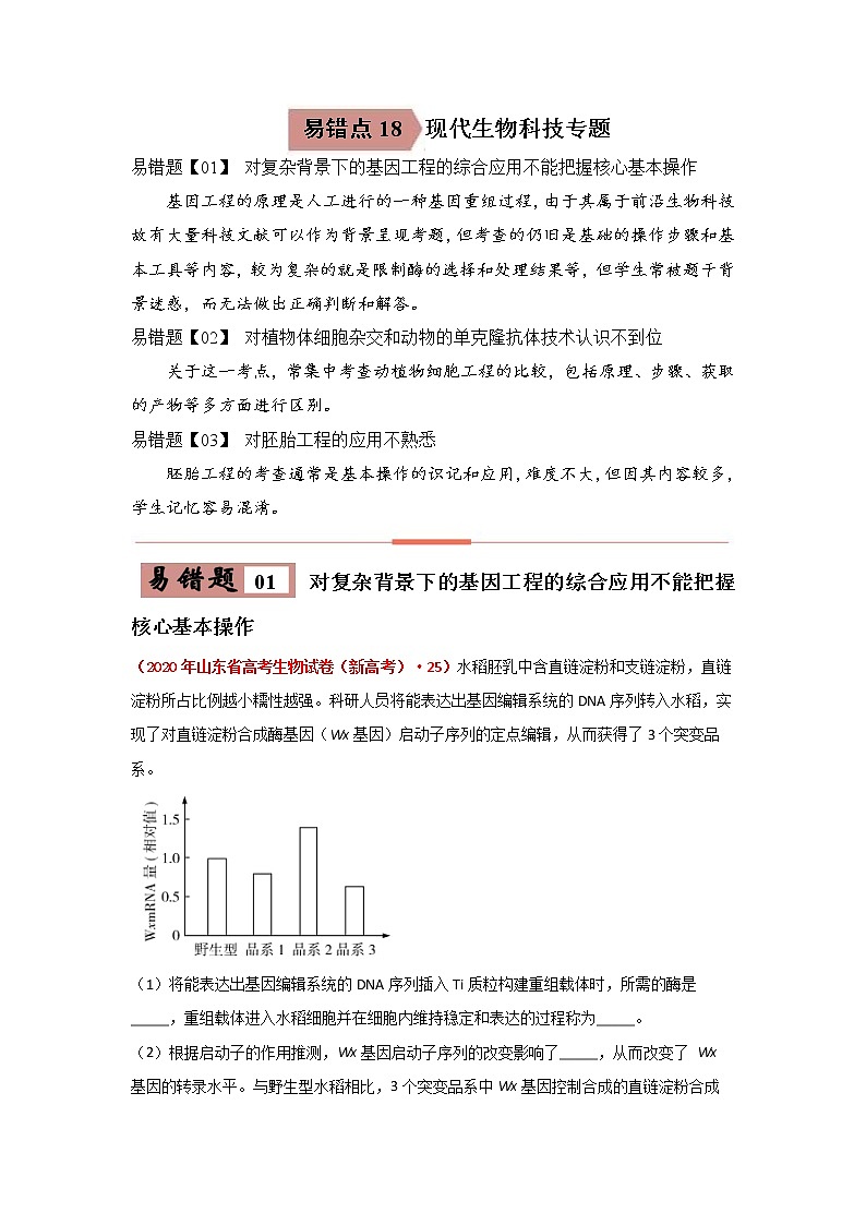 备战2021年高考生物一轮复习 易错点18 现代生物技术专题01