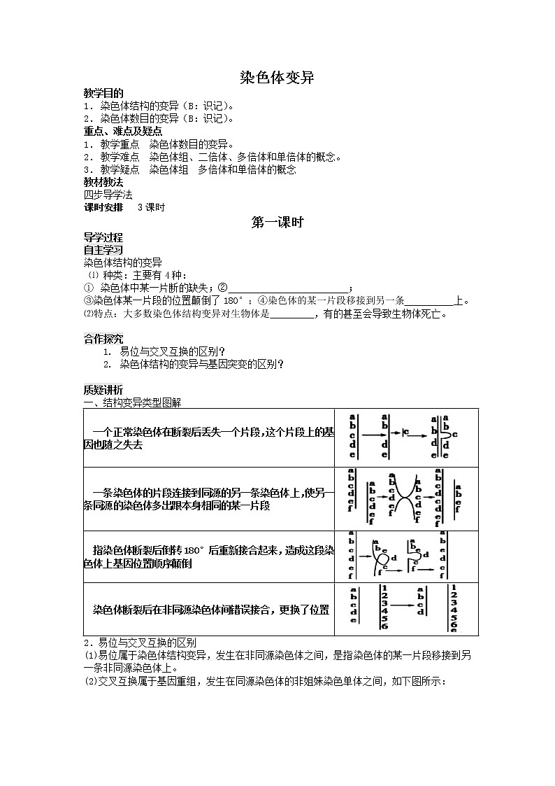 人教高中生物必修2導學案:第五章第二節(jié) 染色體變異第1課時第1頁