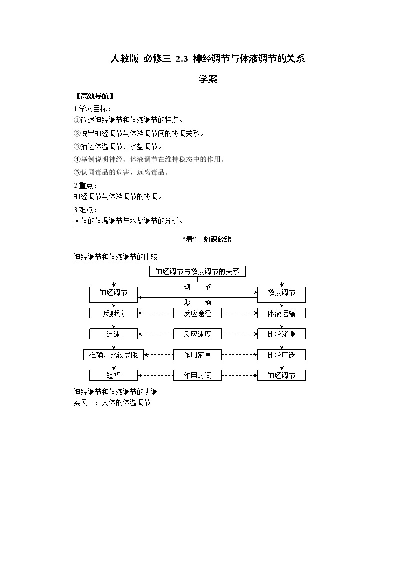 高中生物精品学案：2.3 神经调节与体液调节的关系01