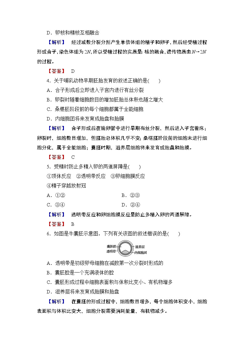 2018版高中生物(人教版)选修3同步练习题:专题3 3.1体内受精和早期胚胎发育 学业分层测评902