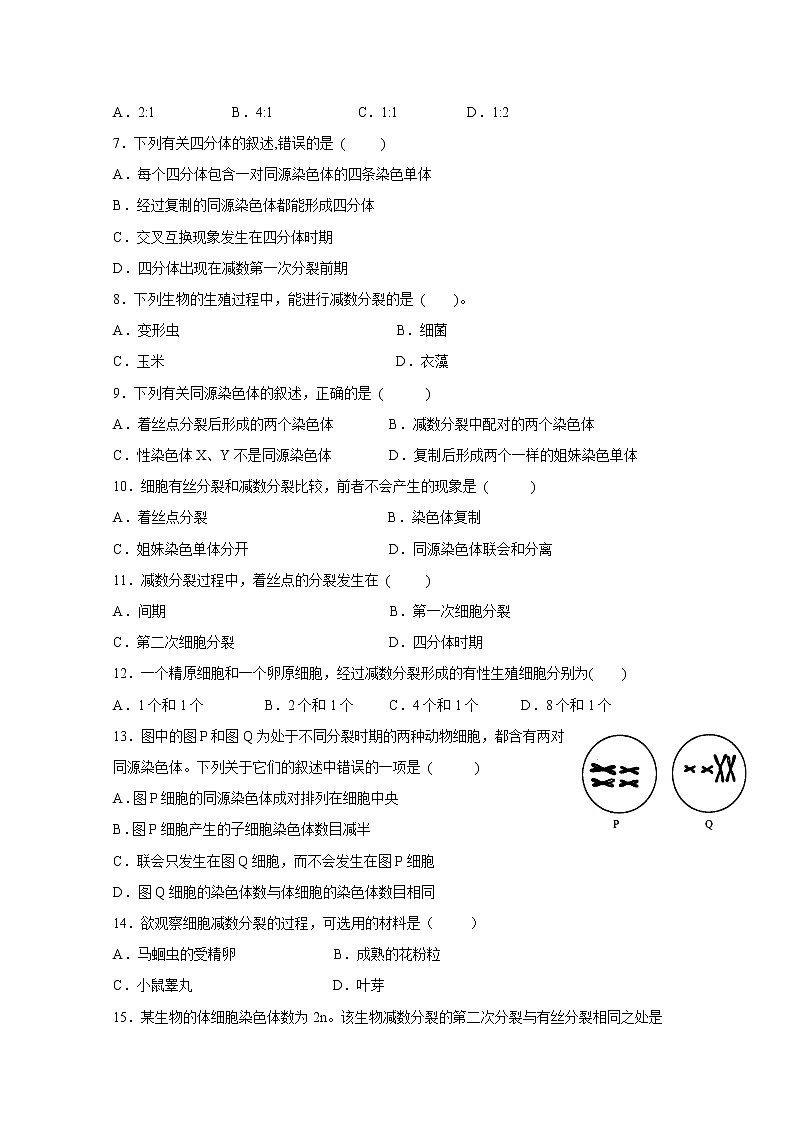 (人教版)高一生物必修二同步练习 2.1.1减数分裂 (2) word版含答案02