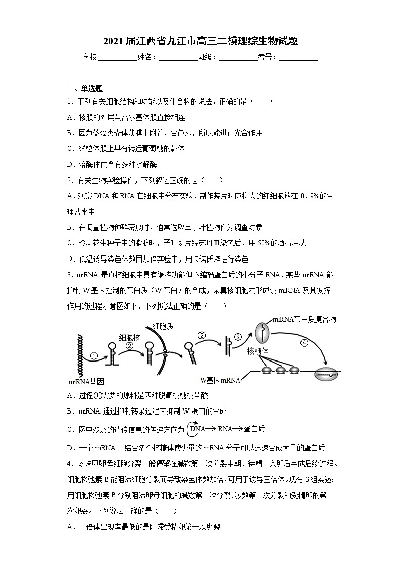 2021届江西省九江市高三二模理综生物试题(word版 含答案)第1页