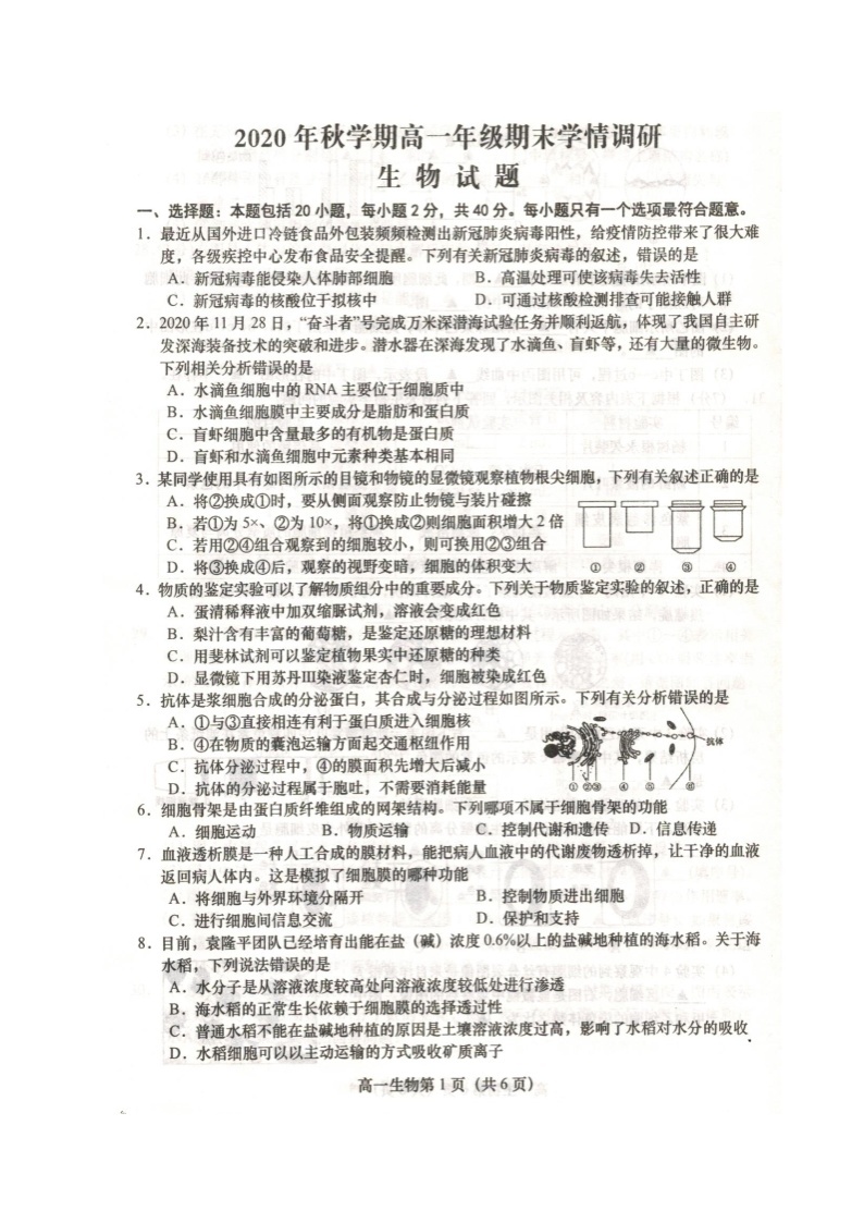 江苏省盐城市阜宁县2020-2021学年高一上学期期末学情调研生物试题（扫描版）01