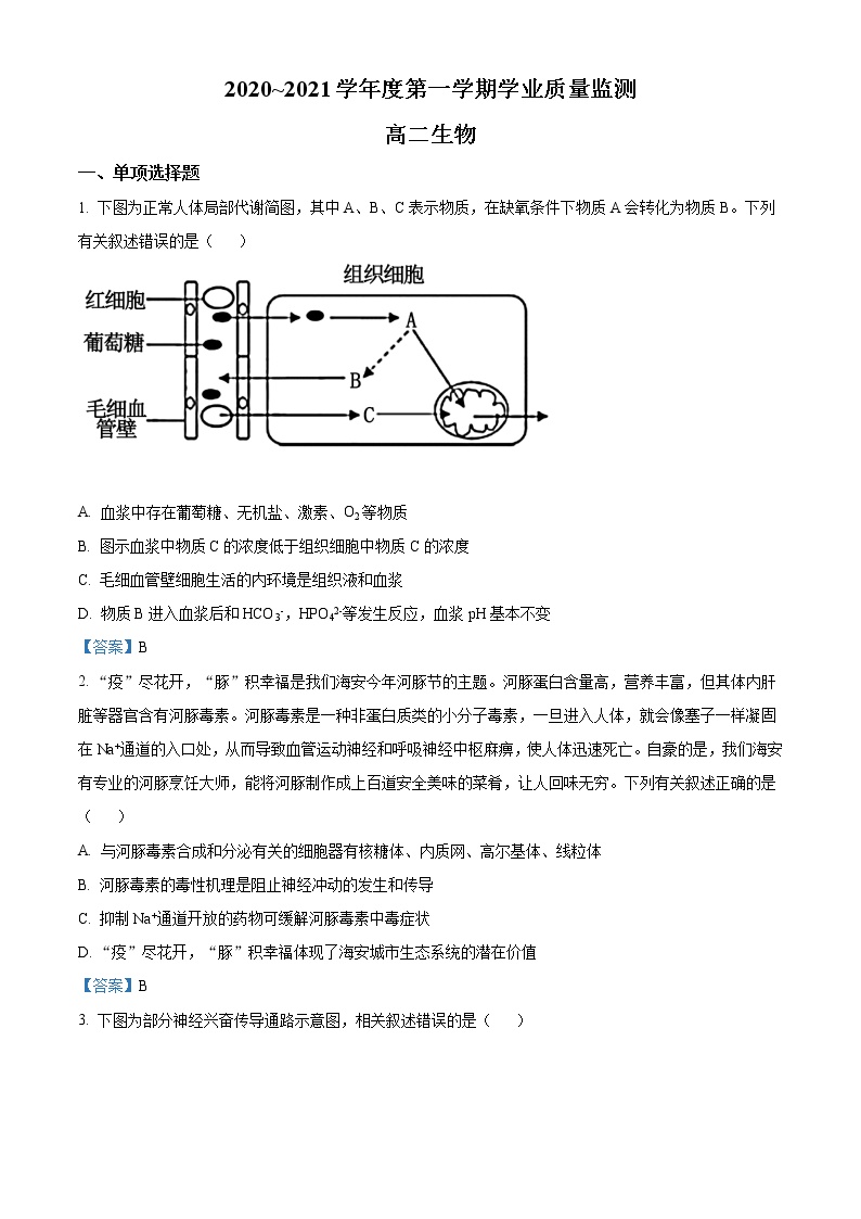 江苏省南通市海安市2020-2021学年高二上学期学业质量监测生物试题