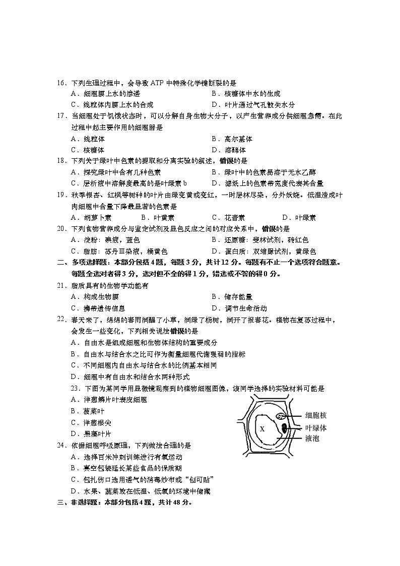 江苏省如皋中学2020-2021学年度高一年级第一学期教学质量调研(三)生物试卷(有答案)03