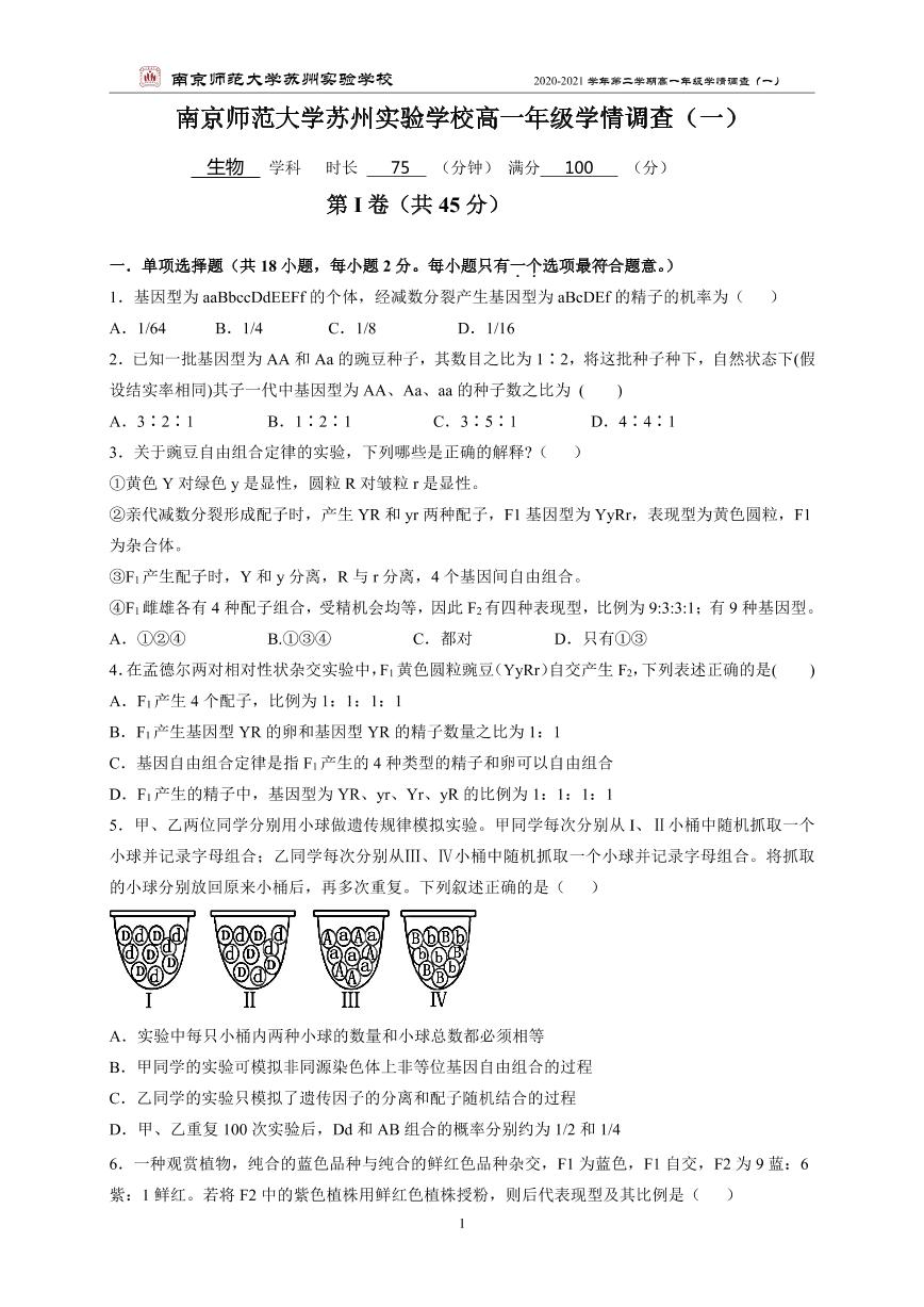 江苏省南京师范大学苏州实验学校2020-2021学年高一学情调查（一）生物试卷（PDF版）