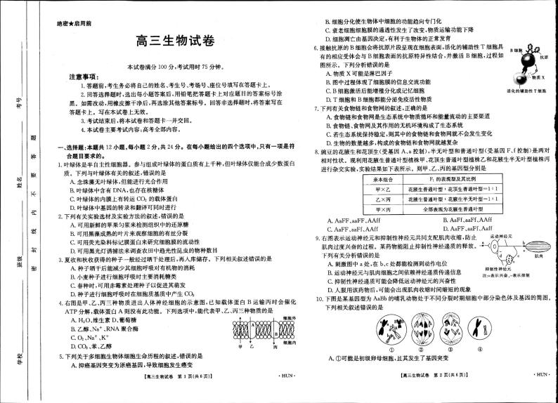 2021高考生物 金太阳湖南高三联考生物 试卷01