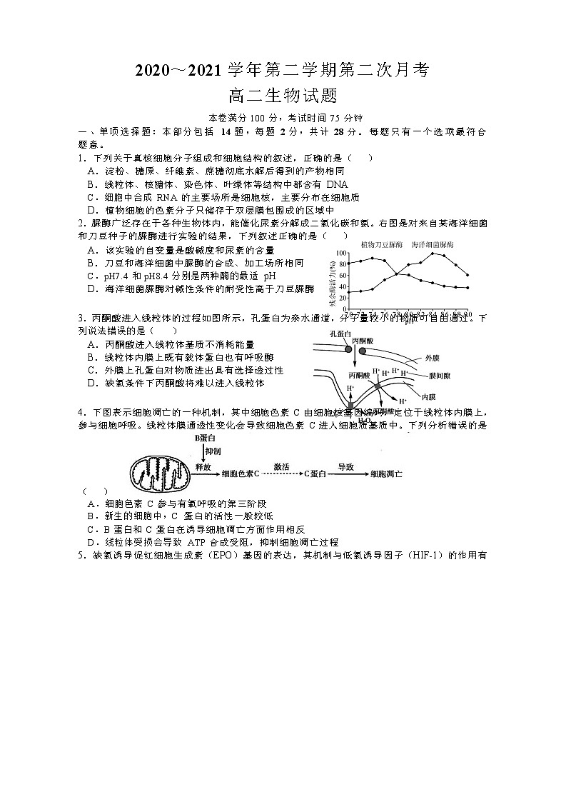 江苏省启东中学2020-2021学年高二下学期第二次月考生物试卷+答案01