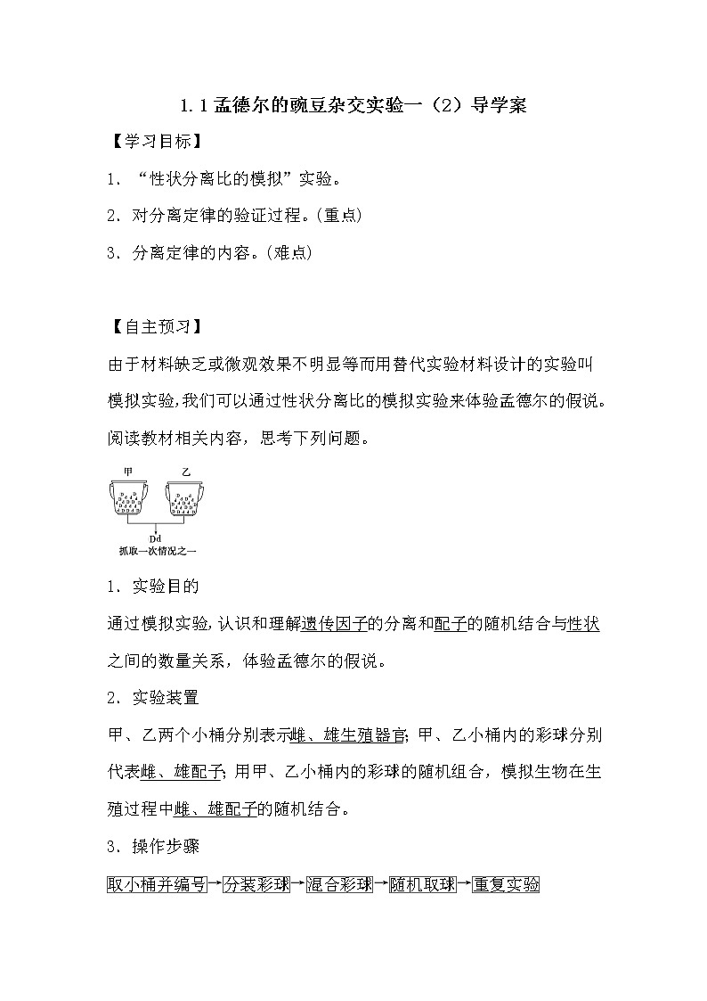 人教版高中生物必修2《遗传与进化》1.1孟德尔的豌豆杂交实验一(2)导学案01