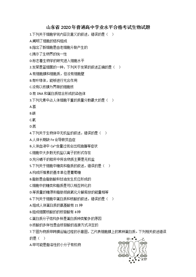 2020山東生物合格考真題及參考答案第1頁