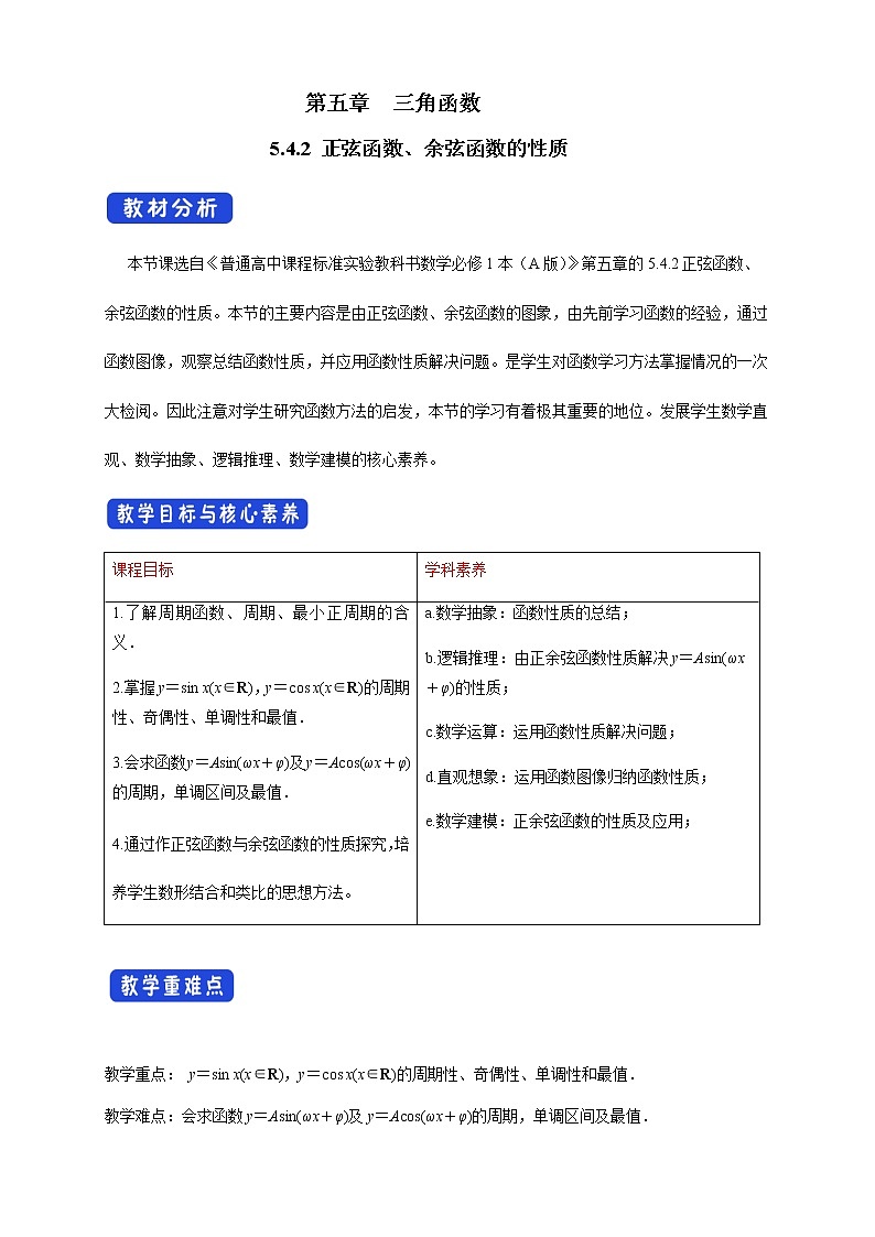5.4.2 正弦函数、余弦函数的性质 教学设计(1)01