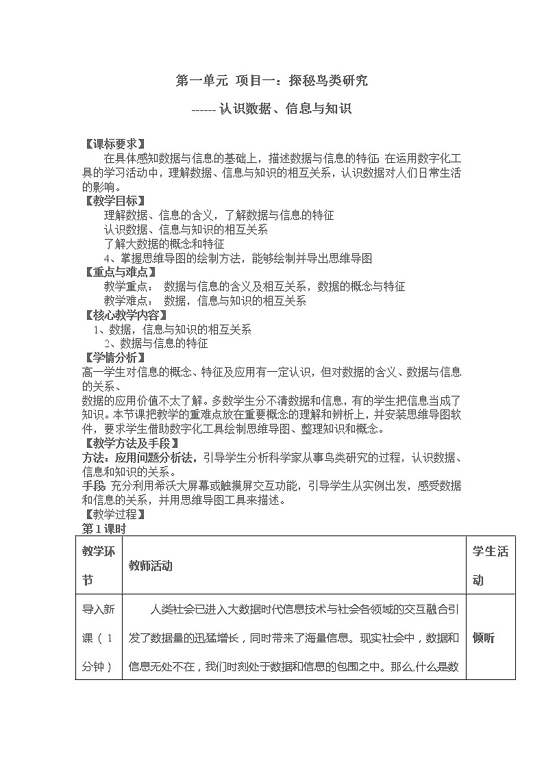 项目一 探秘鸟类研究——认识数据、信息与知识 教案第1页