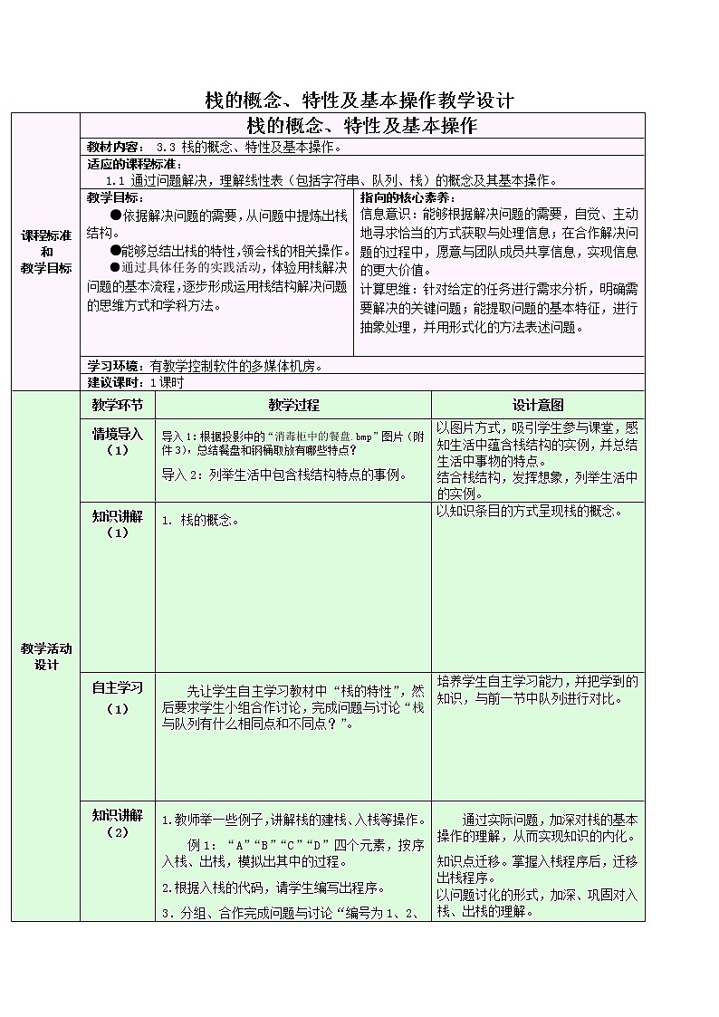 3.3.1 棧的概念、特性及基本操作 教學(xué)設(shè)計(jì)第1頁