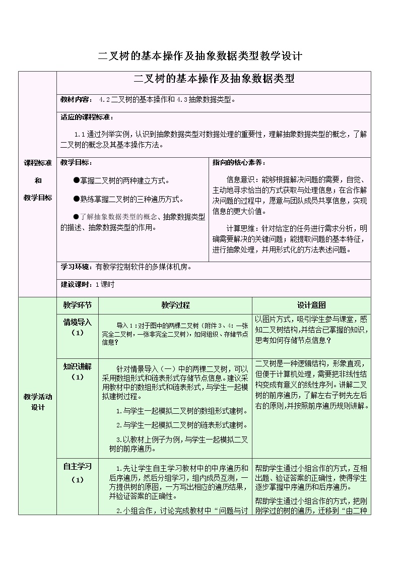 高中信息技术浙教版 (2019)选修1 数据与数据结构第四章 树4.2 二叉树的基本操作教学设计