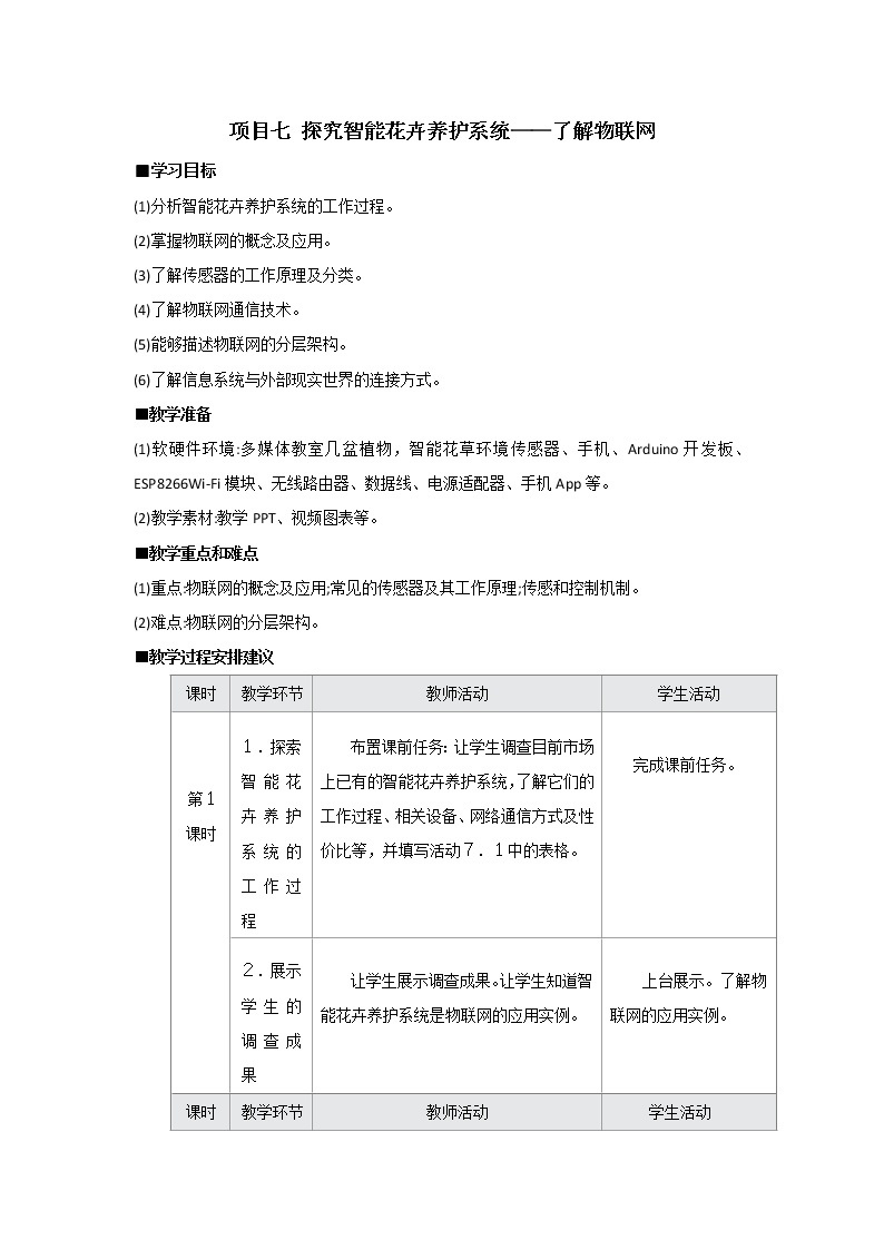 沪科版（2019）高中必修2信息技术 项目7 探究智能花卉养护系统——了解物联网 教案01