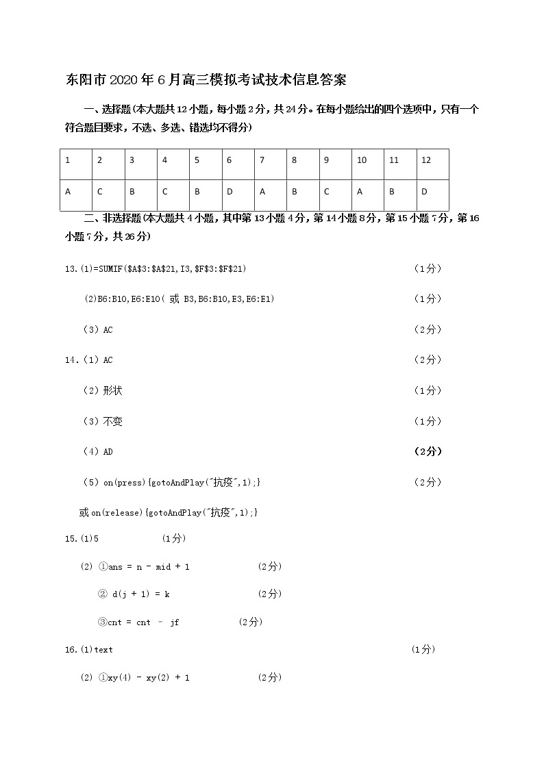 2020东阳高三6月模拟考试信息技术试题PDF版含答案01