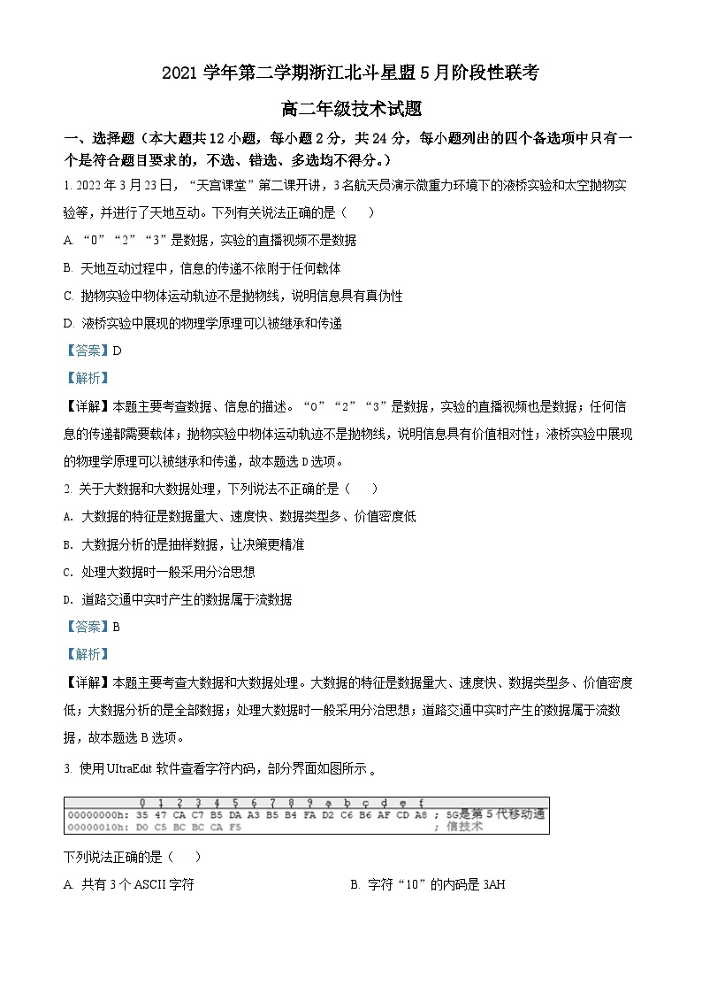 2021-2022学年浙江省高二下学期北斗星盟5月阶段性联考信息技术试题  （解析版）01