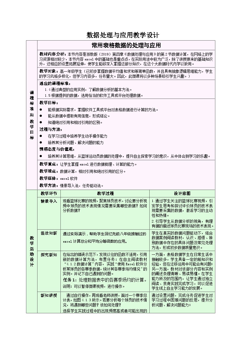 高中信息技术浙教版 (2019)必修1 数据与计算4.1 常用表格数据的处理表格教案设计