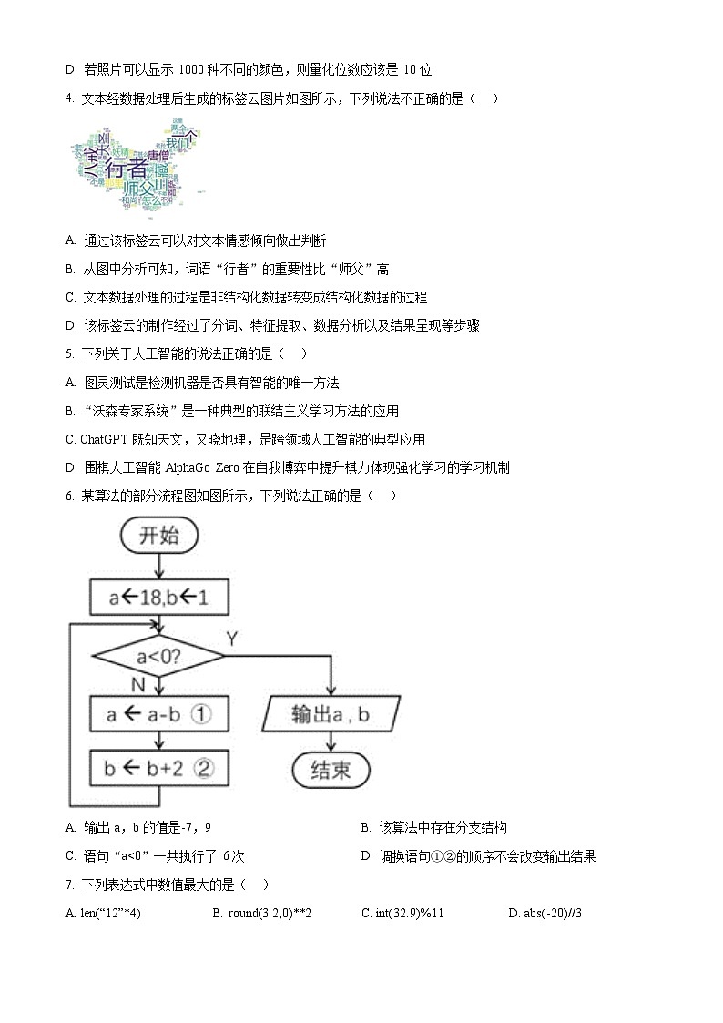 浙江省慈溪市2023-2024学年高二上学期末测试技术试题-高中信息技术 Word版无答案第2页