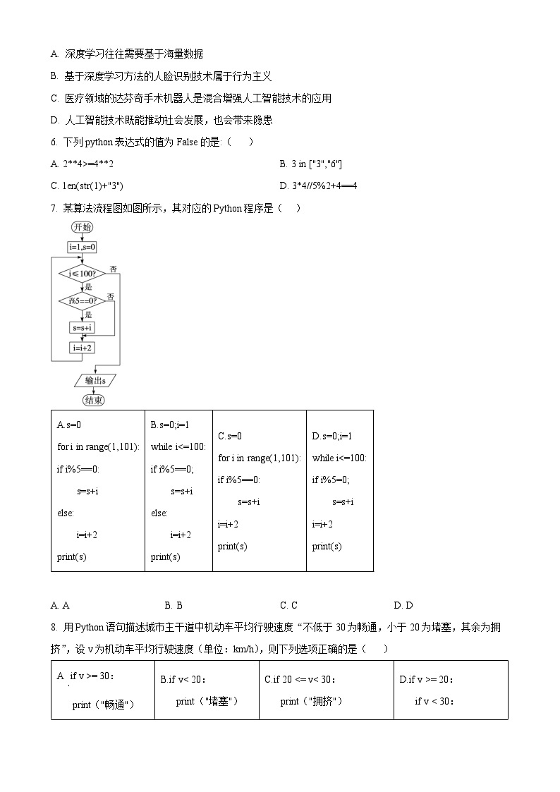 浙江省四校2023-2024学年高二下学期3月联考信息技术试卷（Word版附解析）02