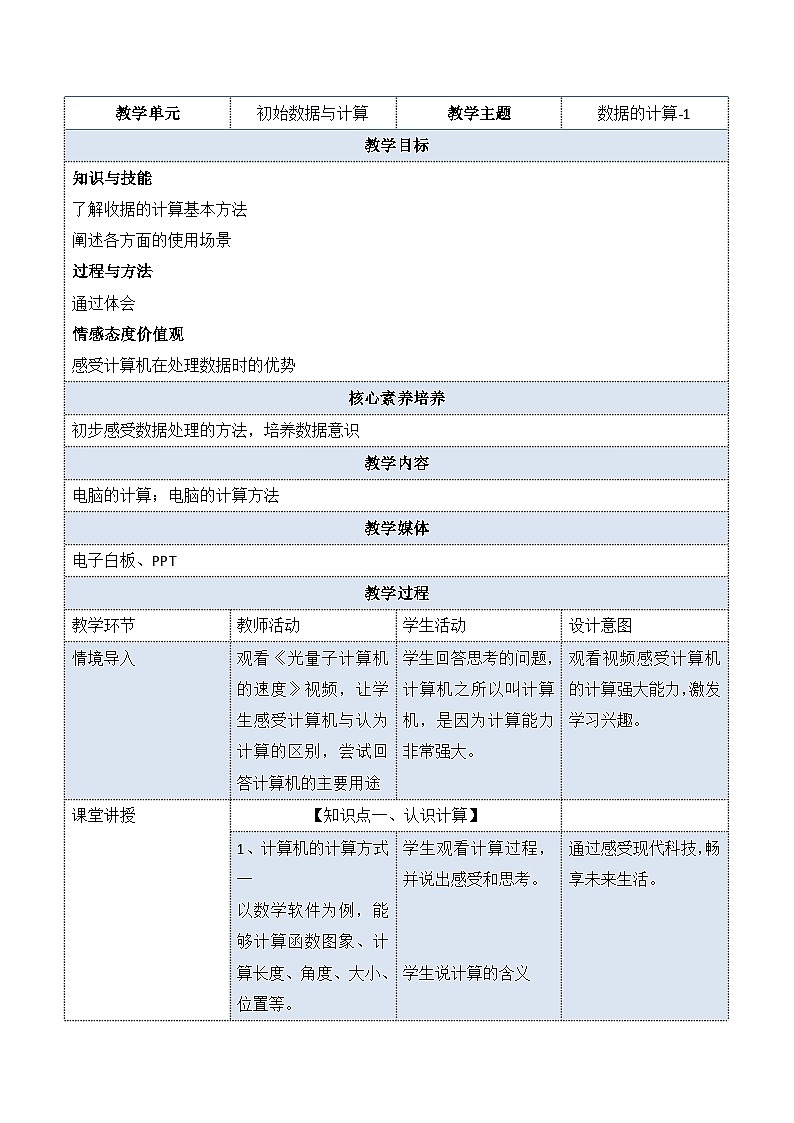 教科版2019高一信息技术必修一 1.2 数据的计算 教案01