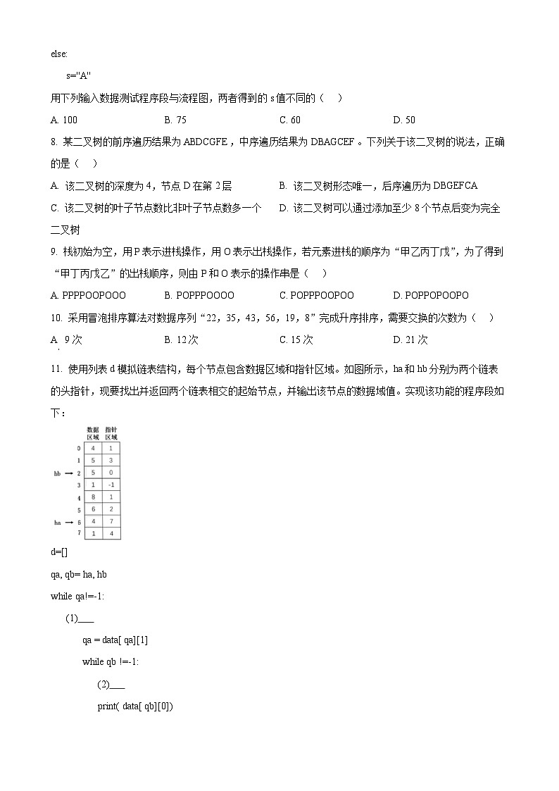 浙江省A9协作体2024年8月高三年级八月暑期返校联考技术试卷 Word版无答案第3页