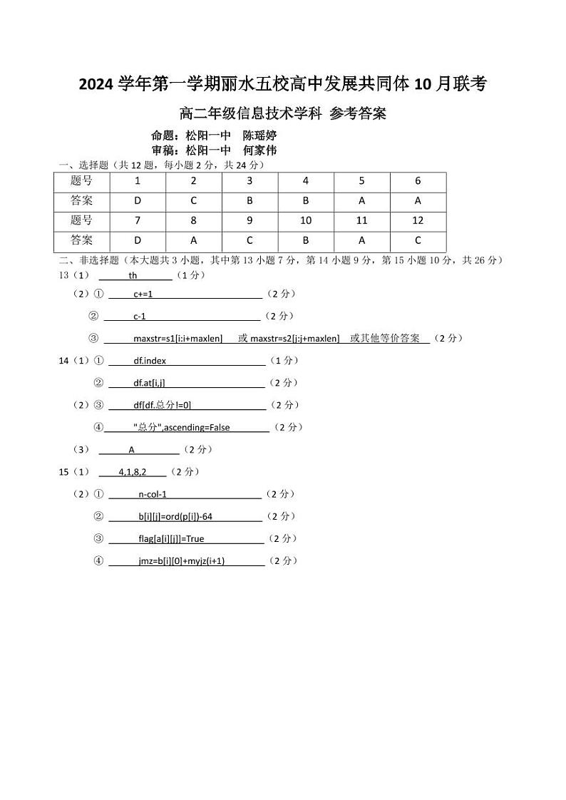 浙江省丽水五校高中发展共同体2024学年高二第一学期10月联考试卷技术答案第1页