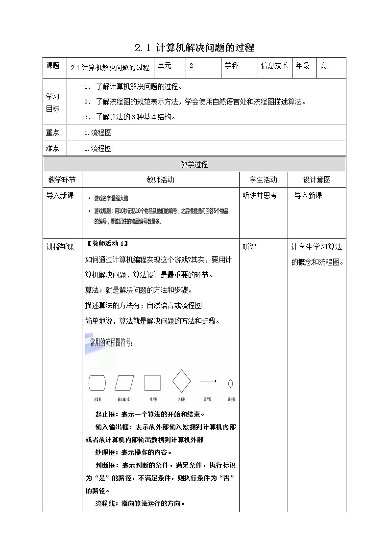 教科版高中信息技术必修1数据与计算 2.1 计算机解决问题的过程 教案01