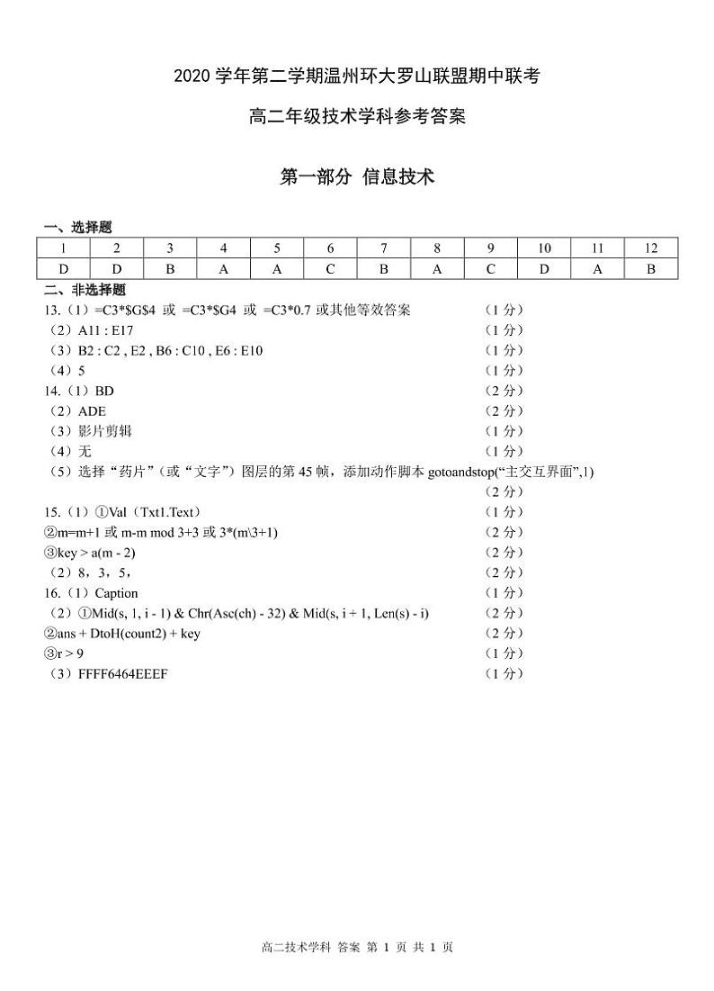浙江省温州环大罗山联盟2020-2021学年高二下学期期中联考信息技术试题+答案01