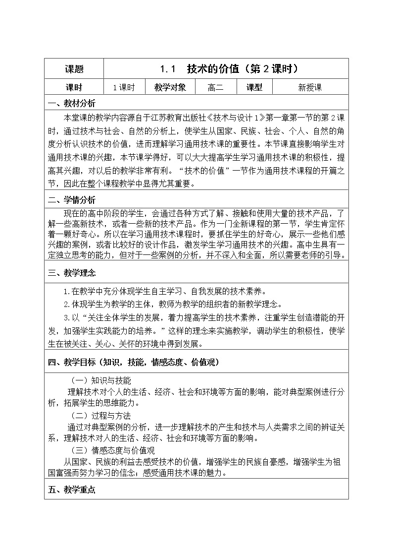 苏教版高中通用技术 必修一1.1  技术的价值 教案01