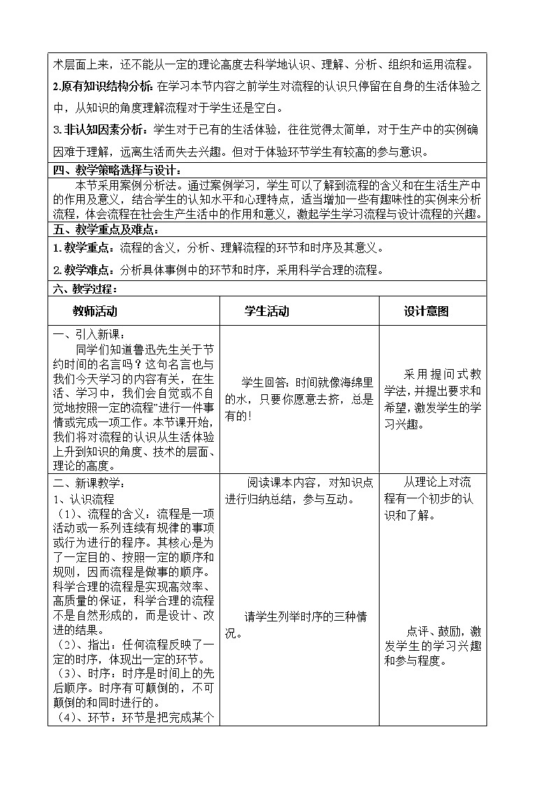 苏教版通用技术必修二 2.1 生活生产中的流程 教案 202