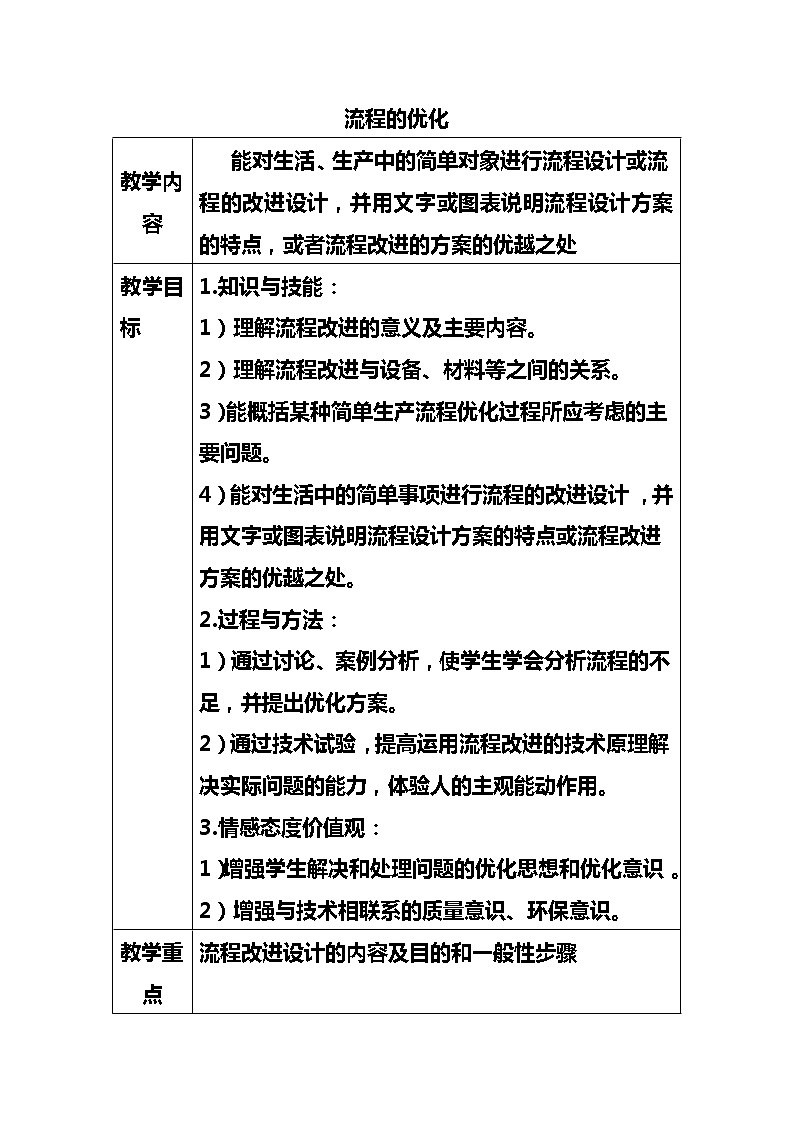 苏教版通用技术必修二 2.3 流程的优化 教案第1页